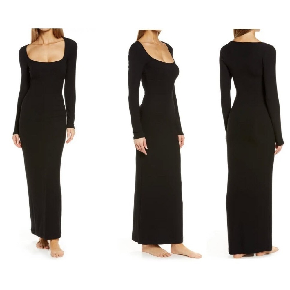SKIMS Soft Lounge Rib Long Sleeve Maxi Dress Onyx Black Small S NWT
